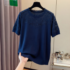 批发实拍 藏青色蕾丝拼接圆领<b class='q'>针织衫</b>女夏季大码中年<b class='q'>妈妈</b>短袖冰丝上衣