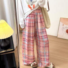 批发大码粉色彩虹格子亚麻裤女2026<b class='q'>新款</b>轻薄透气松紧腰阔腿休闲拖地裤