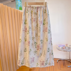 批发实拍  清新优雅风亚麻碎花半身裙<b class='q'>女</b>大码后开叉松紧腰遮肉抽绳裙子