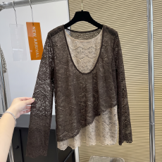 批发实拍   圆领拼色蕾丝假两件针织衫女设计感<b class='q'>大码</b>胖mm打底透视上衣