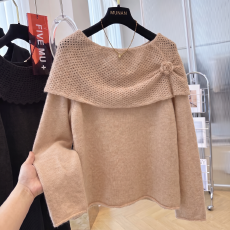 批发实拍   法式温柔一字肩立体<b class='q'>花朵</b>毛衣女秋冬大码胖妹妹针织衫上衣