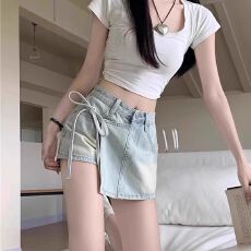 批发假两件牛仔短裤子夏季A字高腰不规则绑带半身裙<b class='q'>女</b>小个子短款裙裤