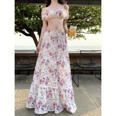 批发度假灿烂花朵套装一字<b class='q'>性感</b>碎花海边抹胸上衣印花半身裙两件套