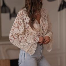 批发2026欧美跨境日韩外贸<b class='q'>女装</b> 韩版新款镂空休闲蕾丝<b class='q'>衬衫</b>蕾丝衫女