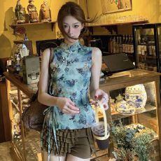 批发新中式改良盘扣立领绑带收腰<b class='q'>衬衫</b>女夏季国风轻奢晕染印花无袖上衣