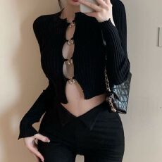 批发韩系甜辣设计感小众修身长袖针织<b class='q'>开衫</b>别致<b class='q'>镂空</b>辣妹上衣女低圆领