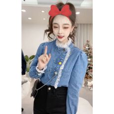 批发设计感小众<b class='q'>蕾丝</b>牛仔衬衫女宽松春秋大码胖mm法式短款外套衬衣上衣