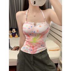 批发带胸垫<b class='q'>甜美</b>辣妹多巴胺时髦串珠挂脖吊带背心印花修身显瘦上衣女
