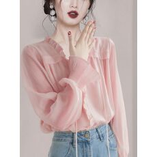 批发法式温柔风荷叶边<b class='q'>长袖</b>雪纺<b class='q'>衬衫</b>春季新款洋气小衫宽松喇叭袖上衣女