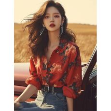 批发今年流行爆款轻熟上衣2026新款女<b class='q'>冬</b>季法式小众设计感红色印花衬衫