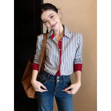 批发法式气质条纹翻领秋<b class='q'>冬</b>季衬衫女2026新款气质通勤宽松显瘦衬衣上衣