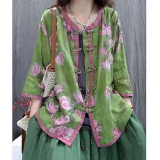 批发新中式国风撞色盘扣印花衬衫外套<b class='q'>大码</b>女装减龄拼色薄款防晒衫女