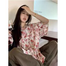 批发夏季新款美式复古慵懒风短袖花<b class='q'>衬衫</b><b class='q'>男</b>女休闲宽松度假沙滩潮牌<b class='q'>衬衣</b>