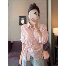 批发国风不规则防晒衬衫女2026<b class='q'>夏季</b>新款冰丝透气别致漂亮罩衫抽绳上衣