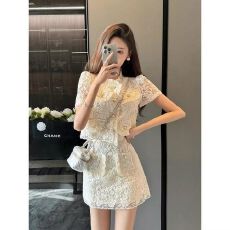 批发日本高端2026年夏季女新款小香风套装修身<b class='q'>蕾丝</b>短袖半身裙子<b class='q'>两件套</b>