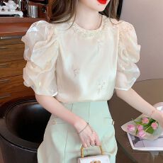 批发法式重工钉珠刺绣短袖雪纺衫2026夏季新款设计感小众独特别致上衣