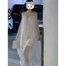 批发设计法式宽松大码波点中长裙女气质性感微胖mm夏季显瘦吊带连衣裙