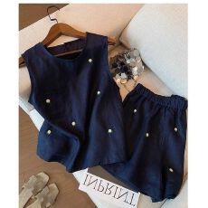 批发设计感重工花朵刺绣亚麻套<b class='q'>装</b>夏季时尚<b class='q'>气质</b>无袖背心宽松短<b class='q'>裤</b>两件套