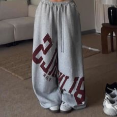 批发美式<b class='q'>嘻哈</b>复古灰色阔腿运动<b class='q'>裤</b>女秋冬宽松字母印花爵士街舞jazz卫<b class='q'>裤</b>