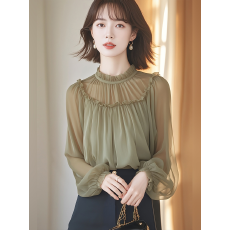 批发早秋新款今年流行漂亮法式遮肚子灰绿色宽松雪纺小上衣<b class='q'>长袖</b>衬衫女