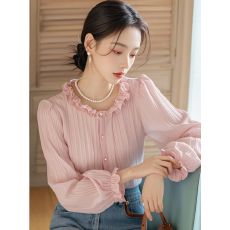 批发2026新款夏季漂亮气质轻熟独特别致小上衣粉色长袖防晒衬衫女早秋