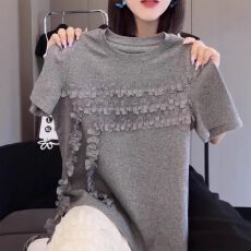 批发今年新款6夏季大码纯棉短袖T恤<b class='q'>女</b>重工流苏设计感洋气显瘦上衣