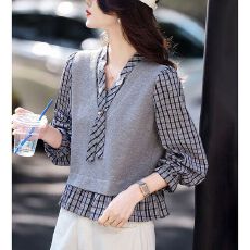 批发格子<b class='q'>衬衫</b>叠穿系带上衣2026春季新款时尚格纹拼接<b class='q'>假两件</b>长袖<b class='q'>衬衫</b>女