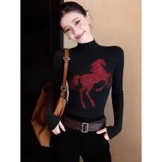 批发高级感小马印花高领长袖T恤女士<b class='q'>打底衫</b>修身巨好看烫钻<b class='q'>黑色</b>上衣春