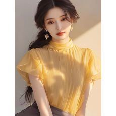 批发法式气质绝美黄色衬衫女高级荷叶边流行漂亮小衫夏季<b class='q'>雪纺</b>短袖上衣