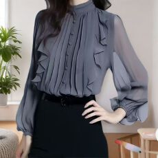 批发时尚高级感春秋季高端<b class='q'>雪纺</b>立领荷叶边衬衫女法式<b class='q'>长袖</b>小衫上衣新品