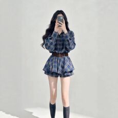 批发大码胖mm美式学院风格子polo领衬衫女春季新款独特漂亮miu系上衣