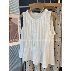 大码女装2026夏季新款韩系甜美木耳边圆领无袖衬衫女薄款宽松显瘦