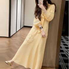 批发法式气质黄色连衣裙女2026春季收腰高级感镂空绑带精致显瘦长裙子