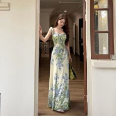 批发国风爆款新款高级莫奈绿色印花花园腰身荷叶长裙<b class='q'>连衣裙</b>