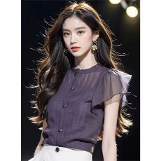 批发紫色短袖衬衫女2026<b class='q'>新款</b>夏季气质小衫独特<b class='q'>雪纺衫</b>高级感小飞袖上衣