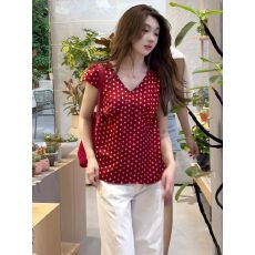 批发2026新款夏季轻奢高级感独特漂亮雪纺上衣红色v领<b class='q'>波点</b>短袖<b class='q'>衬衫</b>女