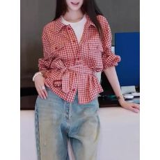 批发法式高级感超好看独特漂亮今年流行爆款红色格子<b class='q'>长袖</b><b class='q'>衬衫</b>收腰上衣