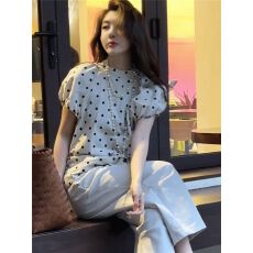 批发高级感法式短袖波点圆领<b class='q'>衬衫</b>女夏季新款设计感复古洋气时尚上衣