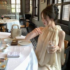 批发2026年<b class='q'>雪纺衫女</b>杏色温柔气质<b class='q'>无袖</b>a字宽松上衣夏