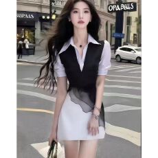 批发轻熟知性风黑白<b class='q'>衬衫</b>领修身短袖收腰连衣裙小众高级感时尚气质女装