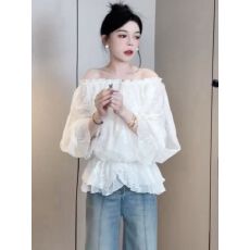 批发法式高级感白色一字肩雪纺<b class='q'>衬衫</b><b class='q'>上衣</b>女设计感宽松气质长袖夏季新款