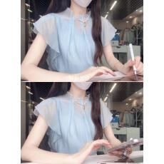 批发高级感蓝色薄款飞飞袖<b class='q'>衬衫</b>女2026夏季新款慵懒风宽松减龄绝美<b class='q'>衬衣</b>