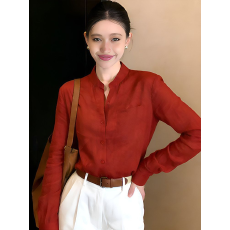 批发法式高级感红色<b class='q'>立领</b>长袖衬衫女2026新款早春宽松显瘦休闲防晒上衣