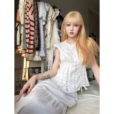 批发法式复古宫廷风花边拼接绑带<b class='q'>白色</b>短袖衬衫女夏季排扣修身显瘦上衣