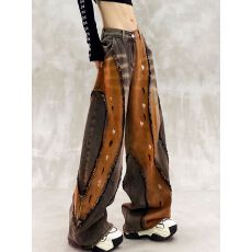 小个子秋冬上新美式复古撞色辣妹毛边拼接设计彩绘工艺牛仔裤女潮