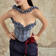 批发开学季休闲时尚挂脖蓝色收腰抹胸上衣<b class='q'>女</b>春款宽松阔腿<b class='q'>长裤</b>