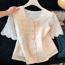 批发重工刺绣<b class='q'>蕾丝</b>边短袖雪纺衬衫女2026夏季新款气质减龄百搭短款上衣
