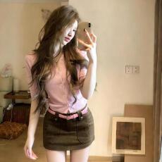 粉色v领针织开衫女早春季韩系温柔风修身显瘦小个子短款长袖上衣