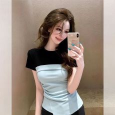 批发设计感假两件撞色拼接短袖T恤夏季2026新款<b class='q'>修身</b>显瘦法式小资上衣