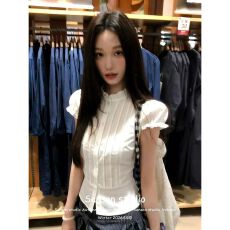 批发miu系白色短袖衬衫女夏季穿搭圆领花边泡泡袖衬衣修身<b class='q'>甜美</b>上衣tee